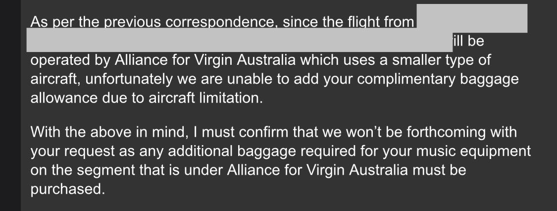 Amy Vee (@amyvee) on Twitter photo Latest in the <a href="/VirginAustralia/">Virgin Australia</a> conversation… apparently it’s due to “aircraft limitations”, but they’re quite happy to take my money to get my equipment on board. It will cost me nearly half of what I’m being paid for the entire festival. Ridiculous. Latest in the <a href="/VirginAustralia/">Virgin Australia</a> conversation… apparently it’s due to “aircraft limitations”, but they’re quite happy to take my money to get my equipment on board. It will cost me nearly half of what I’m being paid for the entire festival. Ridiculous.