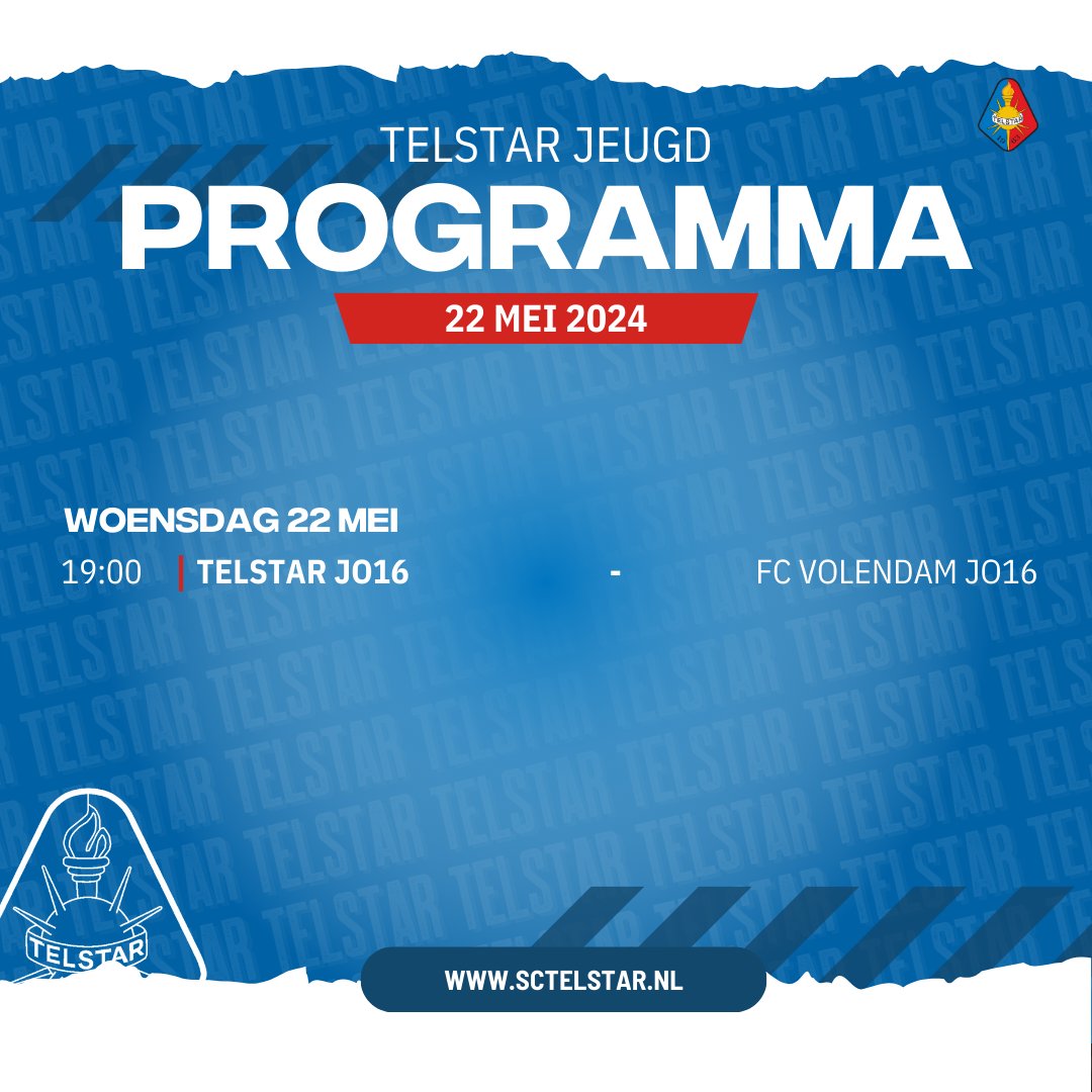 Vanavond om 19:00 speelt JO16 hun laatste wedstrijd van het seizoen. De wedstrijd vindt plaats op Sportpark Zeewijk. Bij een overwinning kan JO16 eindigen op de 3e plaats, afhankelijk wat Quick Boys gaan doen.

#WitteLeeuwen | <a href="/telstar1963nv/">Telstar 🦁</a>
