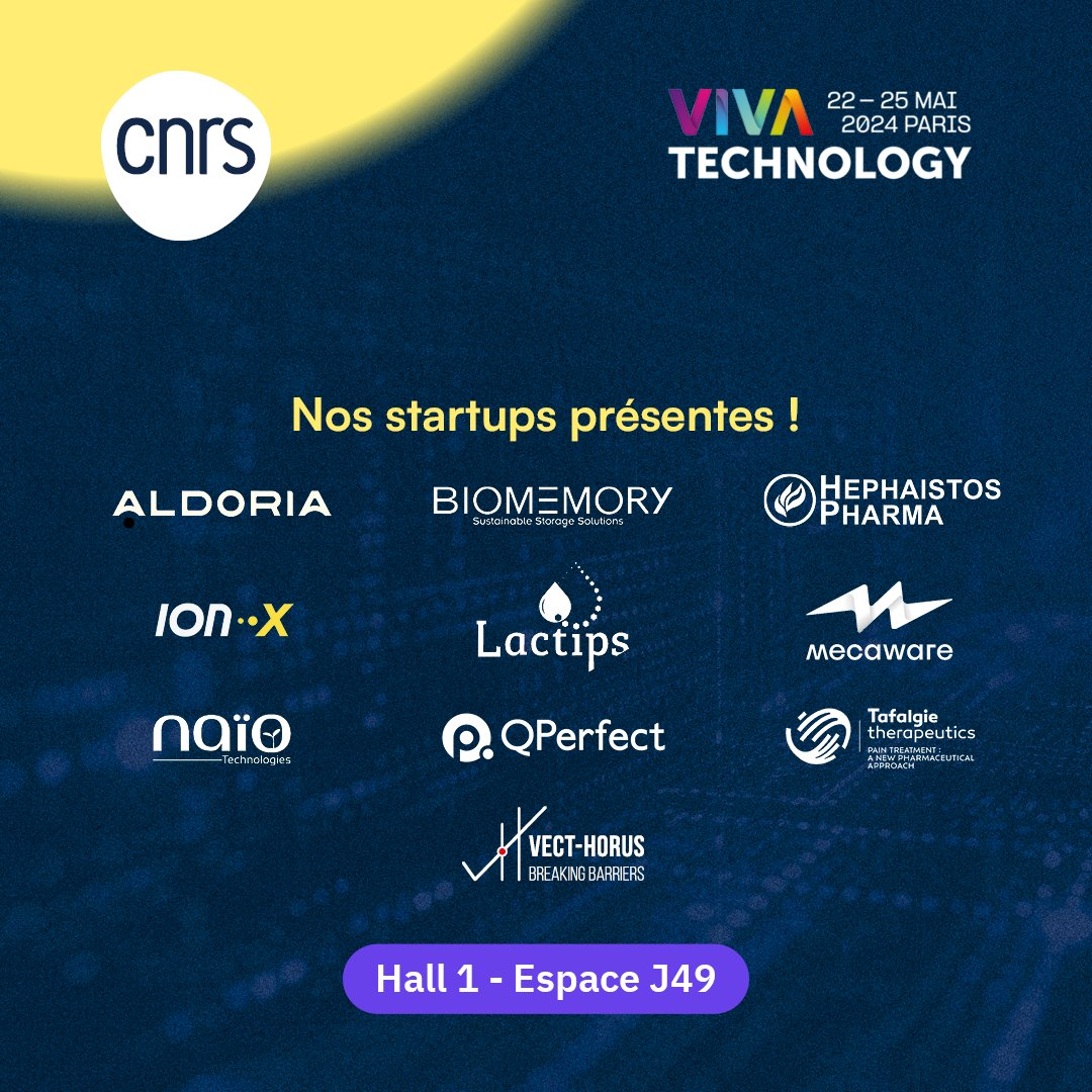 Sur l'espace du CNRS (J49) à #Vivatech, échangez avec des représentants de start-up issues de nos laboratoires de recherche, présentant des technologies  remarquables dans les domaines de la santé ⚕️, du développement durable 🌿, du  spatial 🛰️ et de la révolution numérique 💻.
