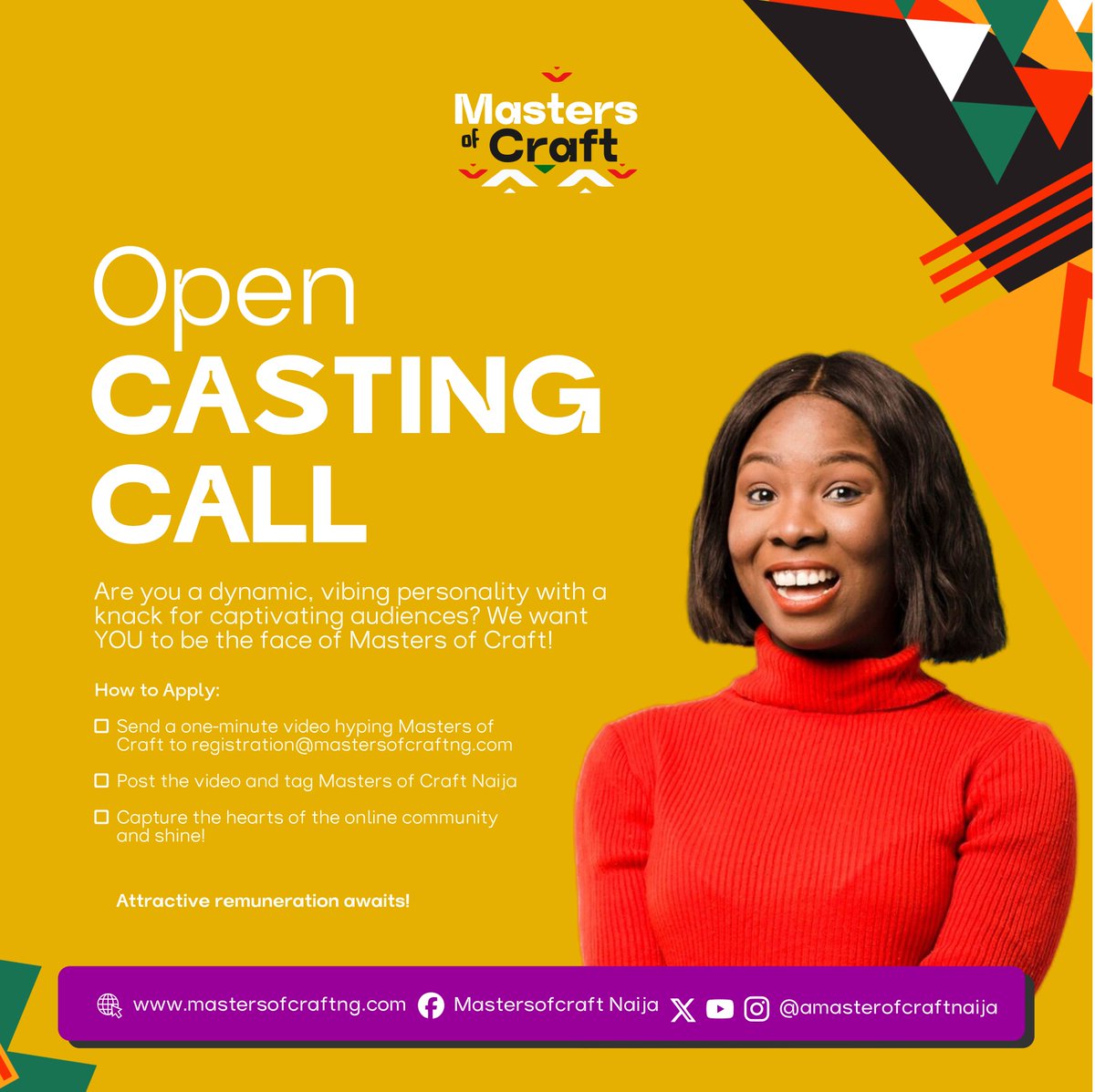 MasofcraftNaija's tweet photo. Calling all Aspiring Presenters, Show Hosts! Are you ready to Shine 🌟

Masters Of Craft Naija is searching for a dynamic and electrifying host for our Online Talent Hunt! Think you have what it takes?

Post a 1-min video showcasing your talent, use our promotional flyers as your script. tag us, and email it to n.chioma@parlordigital.net Attractive sign up pay awaits! 💥

#CastingCall #HostSearch #MastersOfCraftNaija