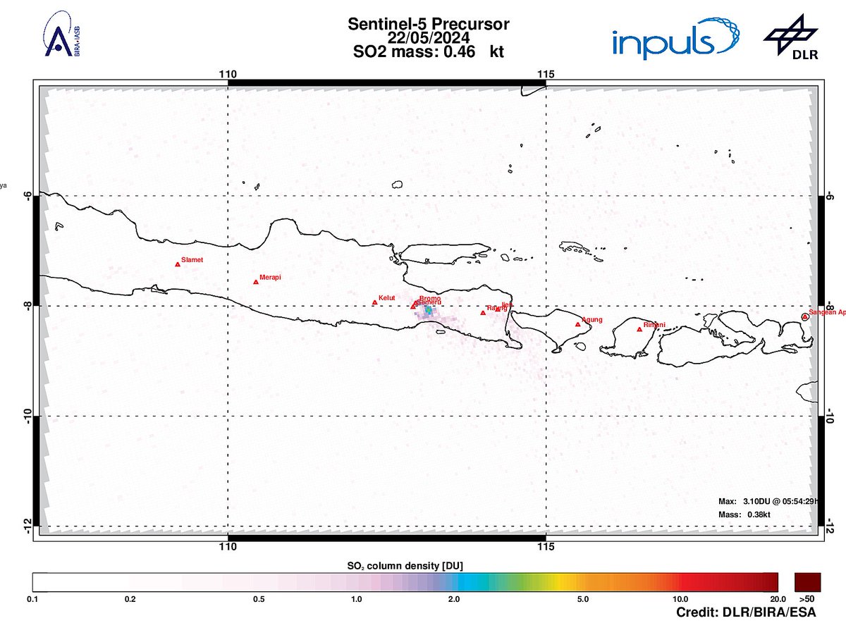 On 2024-05-22 #TROPOMI has detected an enhanced SO2 signal of 3.10DU at a distance of 27.7km to #Bromo. Other nearby sources:  #Semeru #Raung #Kelut. #DLR_inpuls @tropomi #S5p #Sentinel5p @DLR_en @BIRA_IASB @ESA_EO #SO2LH