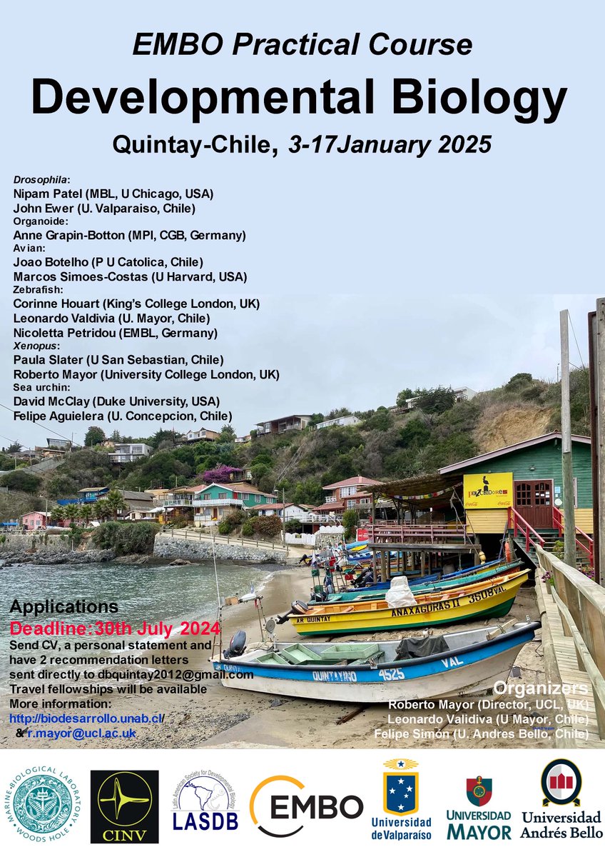 Pl spread the news: applications are open to the next version of the EMBO Practical Course on Developmental Biology, Quintay, Chile, January 2025. biodesarrollo.unab.cl