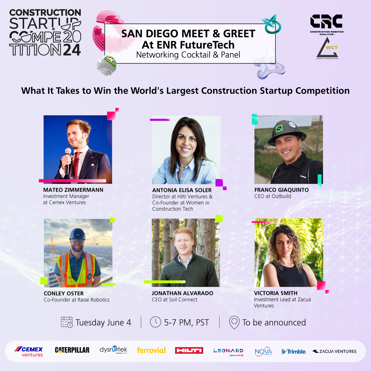 📢 Calling all Contech & Cleantech startups in San Diego, CA on June 4 -#ConstructionStartupCompetition2024, in participation w/ Women in Construction Tech & Construction Robotics Coalition, is hosting a networking cocktail and panel during @ENR_FutureTech.

RSVP here: