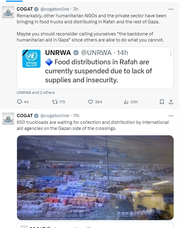 COGAT is literally dumping goods on the Israeli side of Kerem Shalom Crossing, which can't be reached without Israel's coordination, and then mocking international organizations that can't reach the goods because of lack of coordination ... during a humanitarian catastrophe.