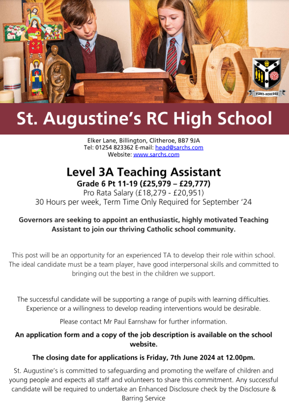 Vacancy Governors are seeking to appoint an enthusiastic, highly motivated TA3 to join our thriving Catholic school community. More details: sarchs.com/page/?title=Va… Closing date - Midday, 7th June