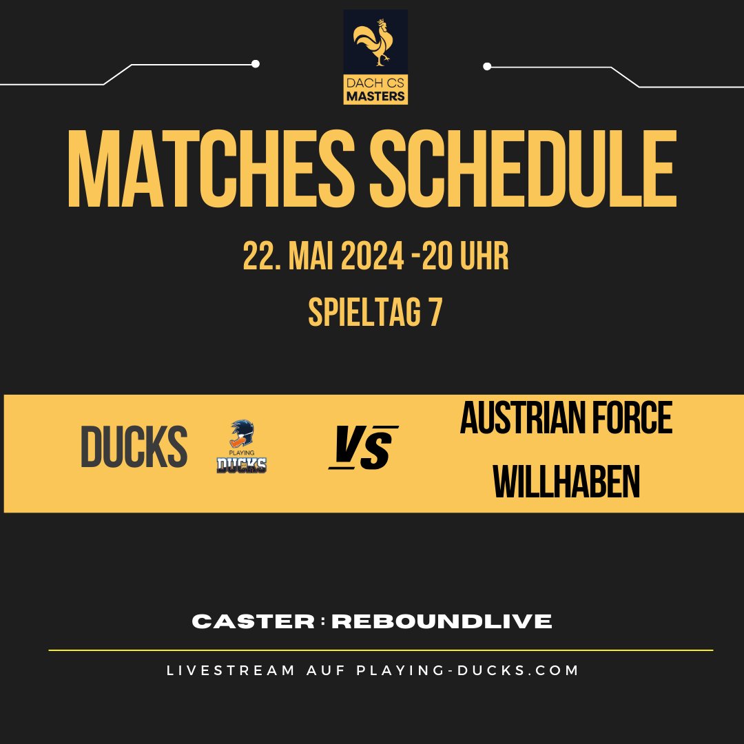 In der @dachcs spielen wir heute den 7. Spieltag und unser Gegner heißt @AustrianForce. Der Beginn ist für 20 Uhr geplant und übertragen wird das Match von @reboundcomgg unter twitch.tv/ReboundLive | Wir wünschen viel Erfolg 🦆