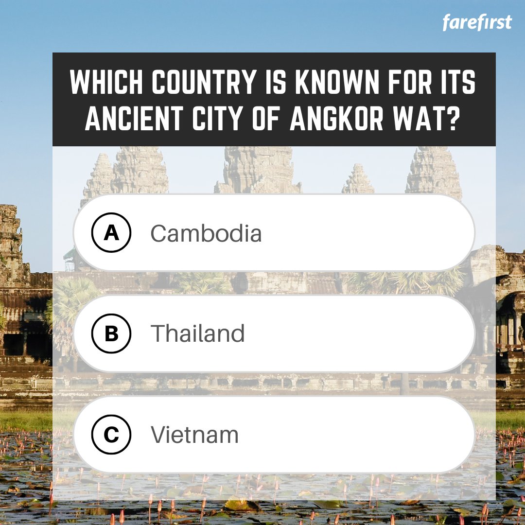 Question of the day🤔

Which country is known for its ancient city of Angkor Wat?

#FareFirst #cheapflights #travel #wanderlust #vacation #questionoftheday #knowledge #question