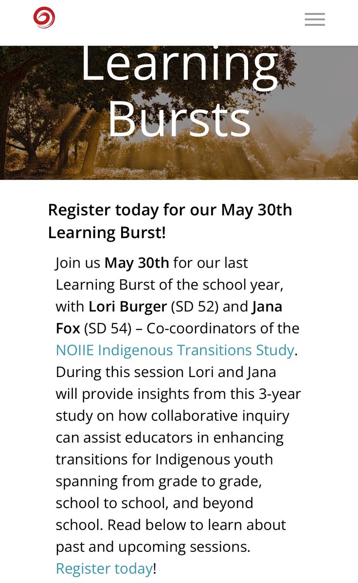 It's the last one of the school year AND you definitely do NOT want to miss it! Join @JanaRFox1 &amp; @LoriBurger7 as they share their insights from the 3 year #noiie Indigenous Transitions Study. 

Register: noiie.ca/learning-burst…