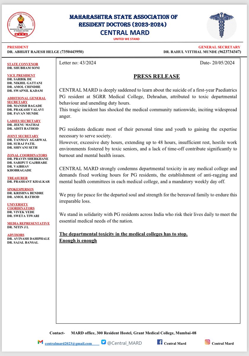CENTRAL MARD stands firmly with fellow residents at SGRR Medical College, Dehradun.

Toxicity in Medical colleges has to stop.

Enough is enough
<a href="/FAIMA_INDIA_/">FAIMA Doctors Association</a> <a href="/FordaIndia/">FORDA INDIA</a> <a href="/UDAIndia/">United Doctors Front Association (UDFA)</a> <a href="/DrDhruvchauhan/">Dr.Dhruv Chauhan</a>