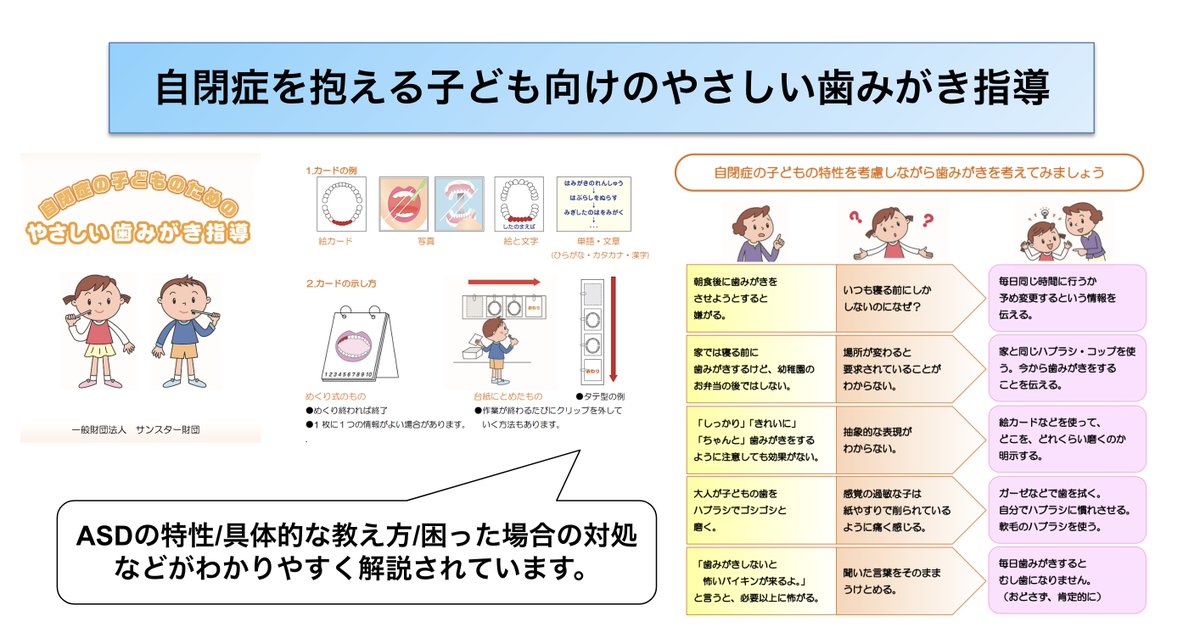 サンスター財団さんより「自閉症を抱える子ども向けのやさしい歯みがき指導」の教材が無料公開されています。 専門家監修で作られているため、スモールステップで紹介されておりとてもわかりやすいです(^ ^) #こはけん #自閉スペクトラム症 ＜x.gd/6fkxA＞