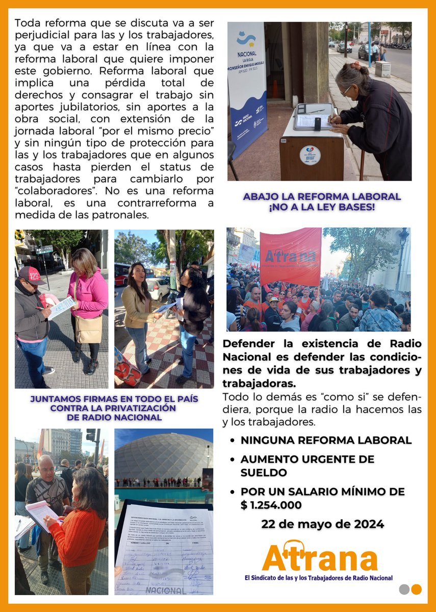 ABAJO LA REFORMA LABORAL ¡AUMENTO URGENTE DE SALARO EN RADIO NACIONAL
🔗 Comunicado completo: 
facebook.com/atranasindicat…
.
#comunicación #radiodifusión #DefendamosRadioNacional #RadioNacional #NoALaPrivatizacionDeRadioNacional #AbajoLaReformaLaboral #NoALaLeyBases #NoALaLeyDeBases