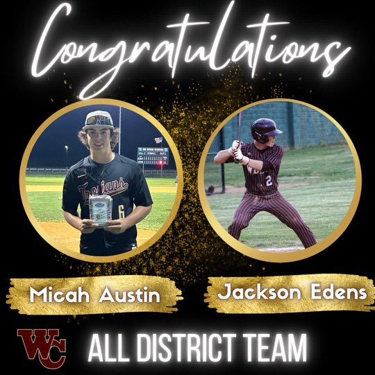 S/O to c/o ‘25 <a href="/Micah_Austin6/">Micah Austin</a> &amp; ‘25 Jackson Edens for being selected to the 6th District All District team!! <a href="/Wchs_Athletic/">WCHS Athletics</a> <a href="/wc_trojans/">WC Trojans Baseball</a> <a href="/JonNewton_21/">Jon Newton</a> <a href="/wildthornberry3/">Clayton Thornberry</a>