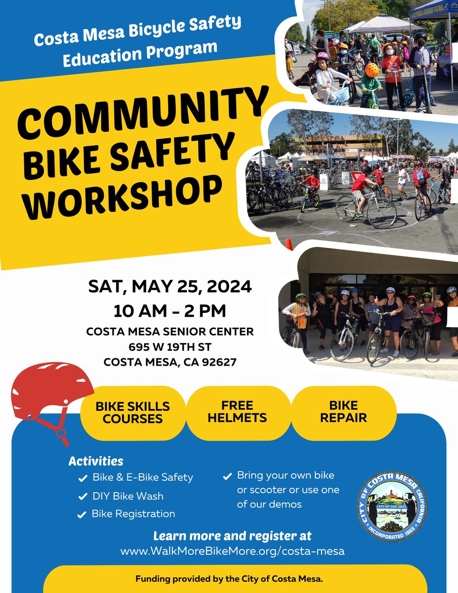 This Saturday, @cityofcostamesa is launching its Community Bike Safety Education Program. Event include bike courses for little striders, pedal bikes, and e-bike riders plus free bike washes, bike repair, and helmets. See you there! 

Register here:
walkmorebikemore.org/costa-mesa/