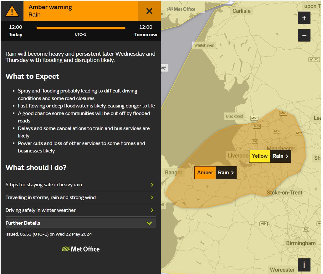metoffice's tweet photo. ⚠️⚠️ Amber weather warning issued ⚠️⚠️  

Rain across north Wales and northwest England

Wednesday 1200 – Thursday 1200  

Latest info 👉 https://t.co/QwDLMfS950 

Stay #WeatherAware ⚠️ https://t.co/WRgSvwK74z