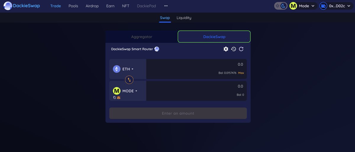 About points when swapping on DackieSwap | @modenetwork, when you use Aggregator tab, this won't record your volume because most of vol will be routed via ODOS aggregator. To earn points via swap, use the 'DackieSwap' tab (but you should care about spillage because our LP on