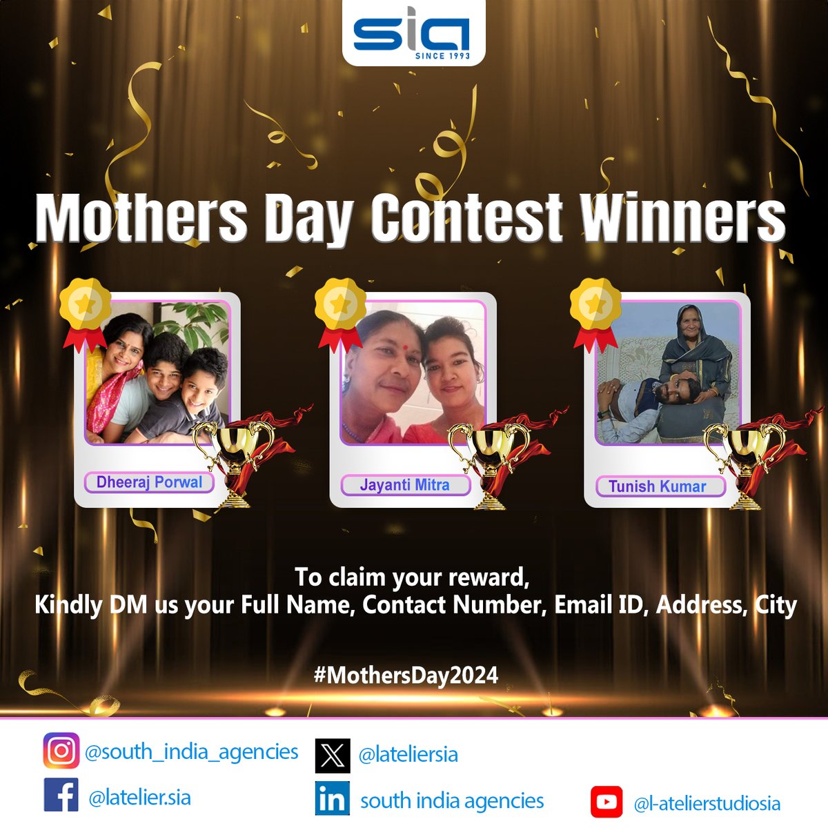 CONGRATULATIONS To Our Mother’s Day Contest Winners!

Kindly DM us the details mentioned in the post to receive your Amazon Voucher 

#contestwinners #mother #mothers #contestgiveaway #contestindia #contestalert #contestindia #mothersdaycontest #sia #southindiaagencies #ebco