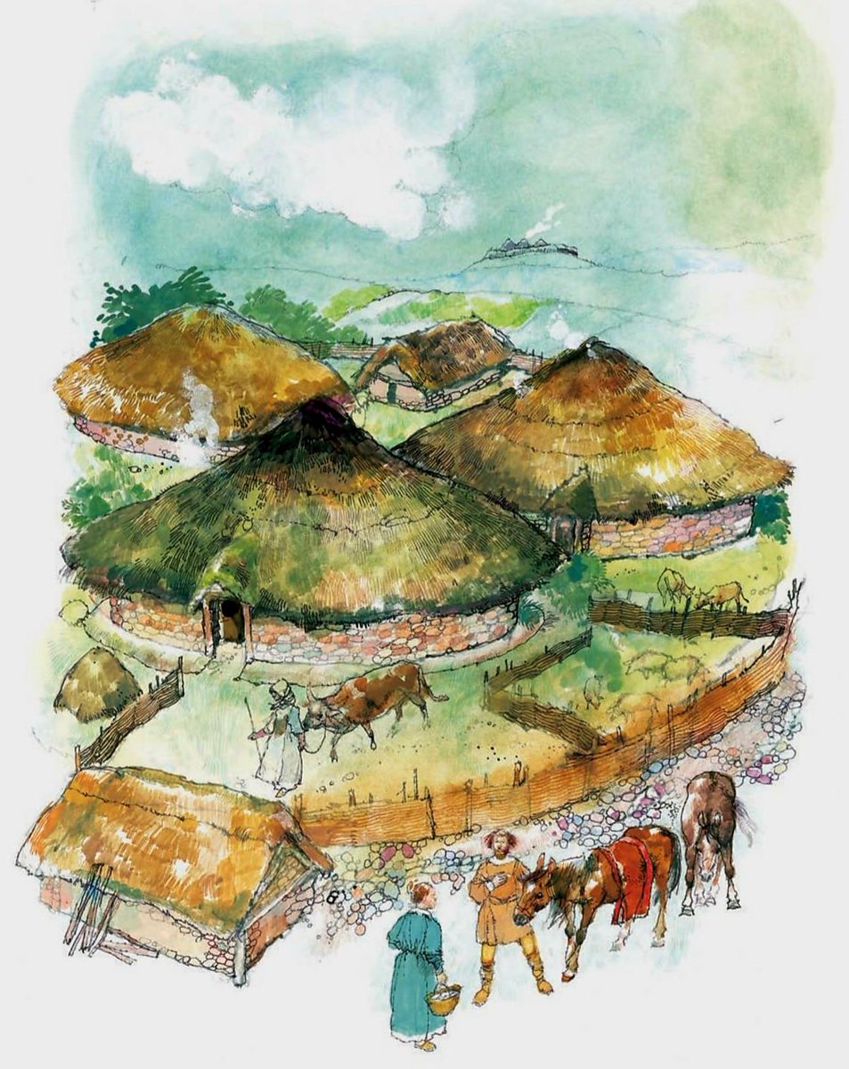 For #HillfortsWednesday here’s a rather lovely recreation of a Late Iron Age village set within the hillfort of St Gregory's Hill #Northumberland @NlandNP 🤩 🖼 by the late great Victor Ambrus for the 2006 book *Hillforts: Prehistoric Strongholds of Northumberland National Park*