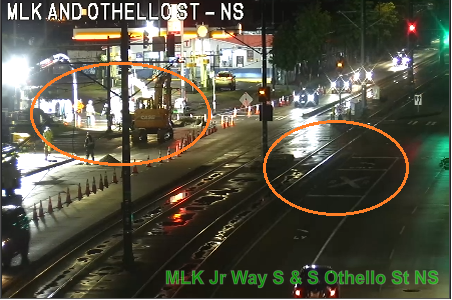 Roadwork at MLK Jr Way S & Renton Ave S, blocking right lane on MLK Jr Way S, all lanes on Renton Ave S, and southbound left turn lane. Use caution and seek alternate routes.
