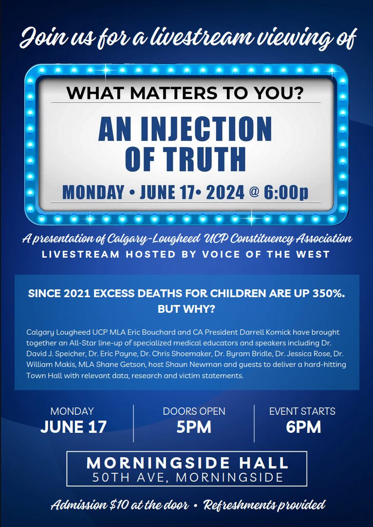 PONOKA AND LACOMBE AREA: 

My husband and I are hosting a watch party for 'An Injection of Truth' at the Morningside Hall on June 17! We hope you'll join us in viewing this event that is making waves in the province!!