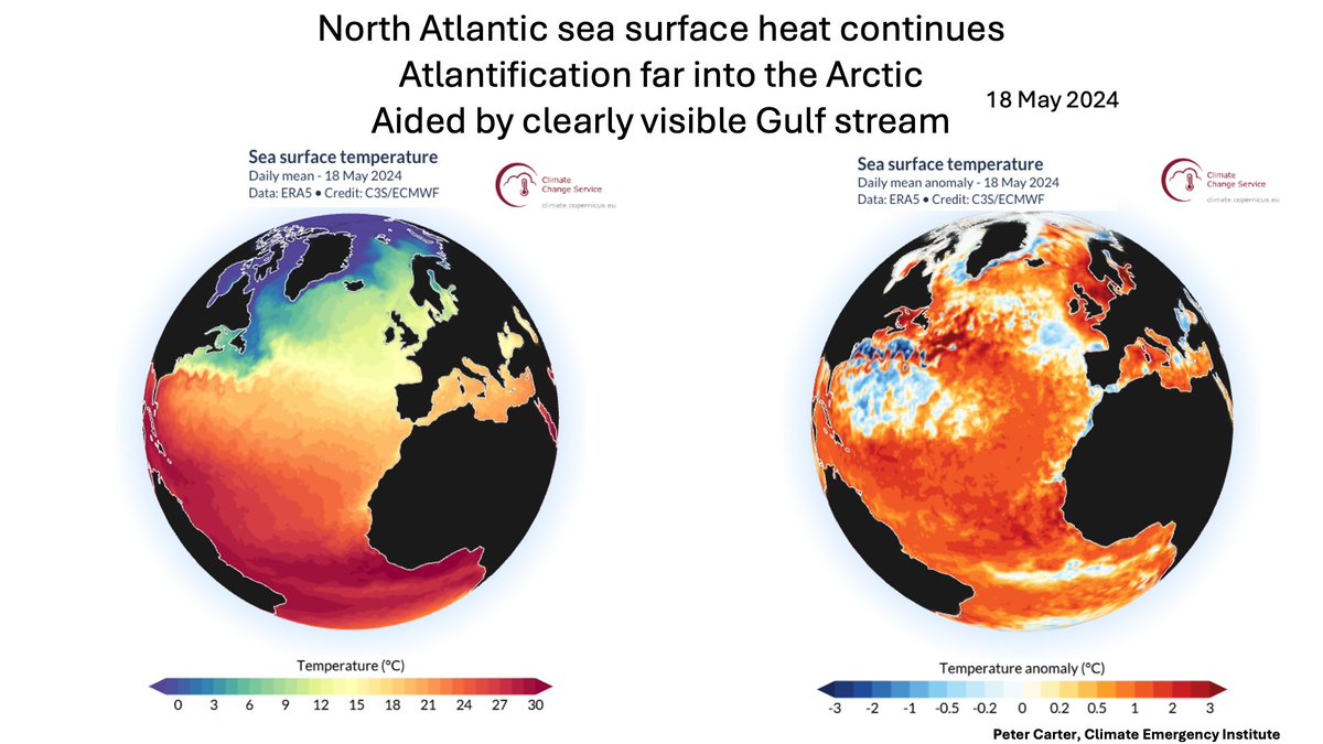 NORTH ATLANTIC SEA SURFACE HEAT CONTINUES Atlantification far into the Arctic Aided by clearly visible Gulf stream pulse.climate.copernicus.eu #Ocean #climatechange #globalwarming