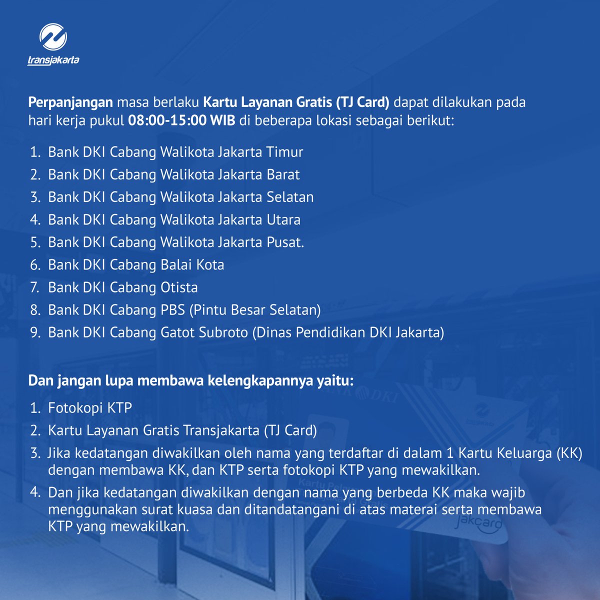 Sahabat TiJe, yuk lihat gambar di bawah ini ya untuk mengetahui kategori apa saja yang termasuk penerima Kartu Layanan gratis Transjakarta (TJ Card) serta persyaratan pendaftarannya yang sangat mudah! Ayo naik Transjakarta!