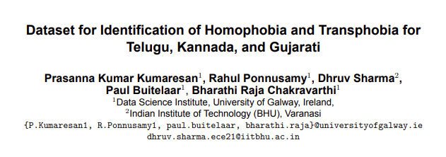 Our paper at <a href="/LrecColing/">LREC COLING 2024</a> #NLProc <a href="/UNLP_Galway/">Unit for Natural Language Processing</a> <a href="/insight_centre/">Insight Research Ireland Centre</a> <a href="/crt_ai/">Research Ireland CRT in Artificial Intelligence</a> <a href="/galwaycs/">School of Computer Science, University of Galway</a> <a href="/uniofgalway/">Ollscoil na Gaillimhe | University of Galway</a> 
#Dataset for Identification of #Homophobia and #Transphobia for #Telugu, #Kannada, and #Gujarati
aclanthology.org/2024.lrec-main…