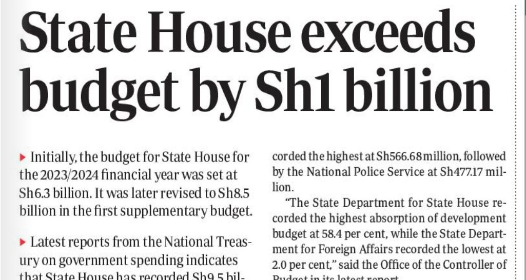 State House has exceeded the budgetary allocation for the 2023/2024 financial year by Sh977 million, with two months left to the end of the financial year. standardmedia.co.ke/business/busin… via @StandardKenya