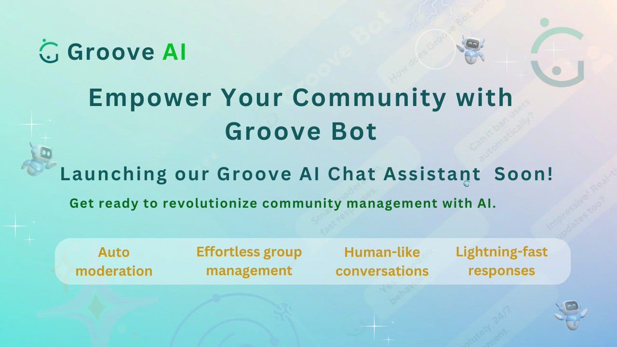 🚀Exciting News!🚀

We're launching the Groove AI Chat Assistant on Telegram soon! 

🤖 Auto Moderation
🤝 Effortless Group Management
🗣️ Human-like Conversations
⚡ Lightning-fast Responses

Website link:
pugalkmc.github.io/groove-ai-web/

Stay tuned for future updates!🌟 #GrooveAI #AIBOT