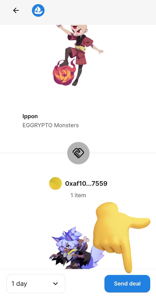 aflon207's tweet image. #エグリプト オプシで安心レアモン交換✨

交換依頼側の操作
①交換する相手のレアモンページで🤝マークをタップ
②複数体の場合はここで追加でnext
③自分が出すレアモンを選択して（複数可）next
④内容を確認して問題なければsend deal✨

次はお相手の操作↓