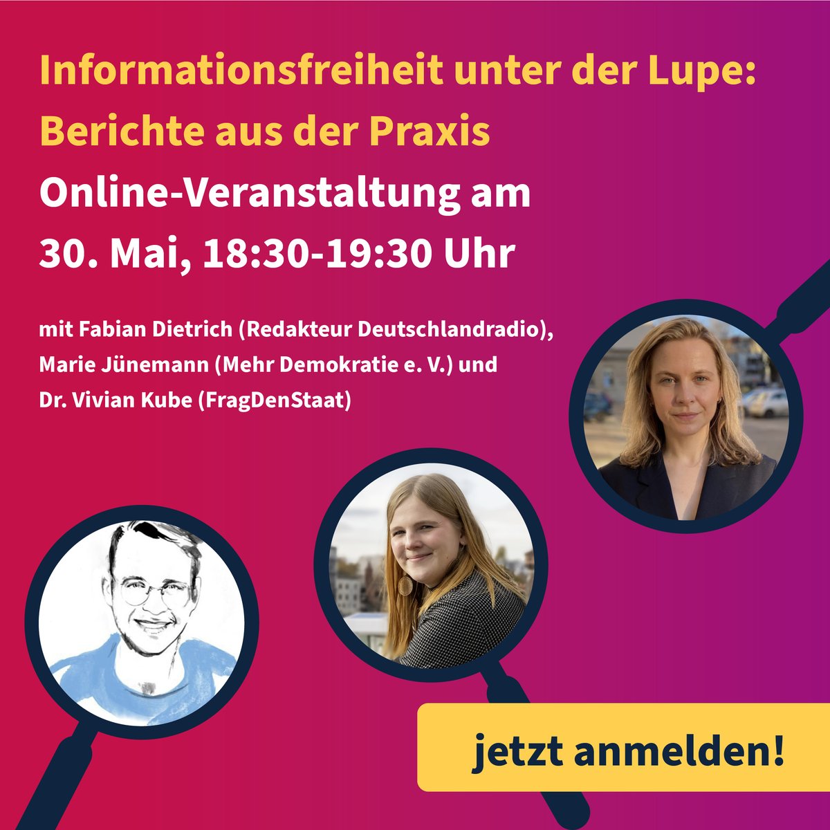 Jetzt anmelden: Informationsfreiheit unter der Lupe 🔍
Am 30.5., 18:30 Uhr erzählen Fabian Dietrich (Redakteur <a href="/dradio_presse/">Deutschlandradio Presse</a>), Dr Vivian Kube (<a href="/fragdenstaat/">FragDenStaat.de</a>) und unsere Bundesvorständin <a href="/MarieJunemann/">Marie Jünemann</a> von ihren Erfahrungen mit #Informationsfreiheit.
mehr-demokratie.de/mehr-bewegen/v…
