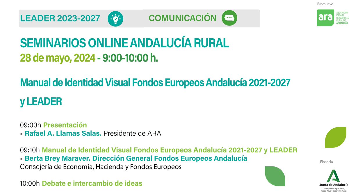 📢¡Vuelven los 𝐬𝐞𝐦𝐢𝐧𝐚𝐫𝐢𝐨𝐬 𝐨𝐧𝐥𝐢𝐧𝐞 𝐀𝐧𝐝𝐚𝐥𝐮𝐜í𝐚 𝐑𝐮𝐫𝐚𝐥! 🇪🇺🌿@UE_ANDALUCIA nos contará las nuevas directrices de comunicación e información en el Plan Estratégico de la PAC 2023-2027 en #Andalucía y, en concreto, con 𝗟𝗘𝗔𝗗𝗘𝗥 ✏️andaluciarural.org