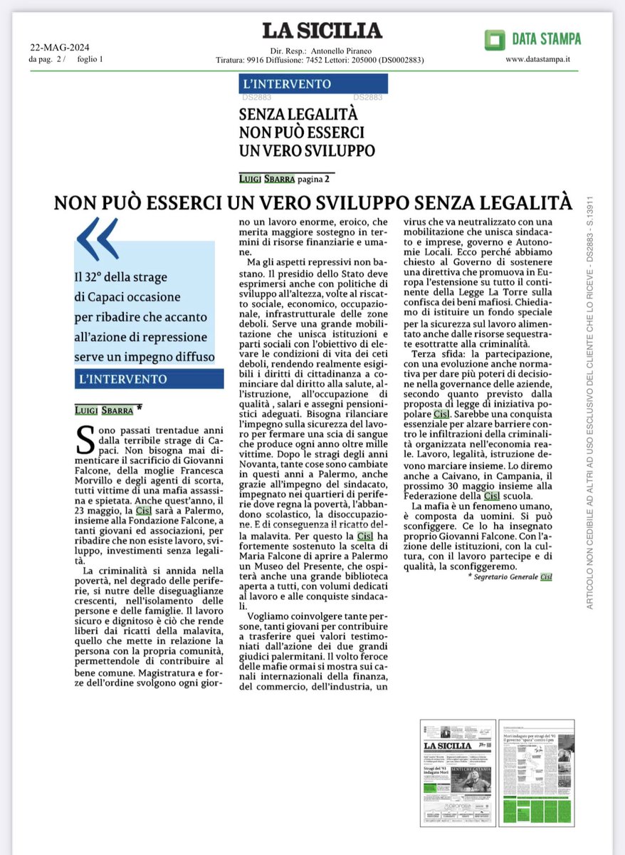 #LuigiSbarra su ‘La Sicilia’: Sono passati trentadue anni dalla terribile strage di Capaci. Non bisogna mai dimenticare il sacrificio di Giovanni Falcone, della moglie Francesca Morvillo e degli agenti di scorta, tutti vittime di una mafia assassina e spietata. Anche quest’anno,