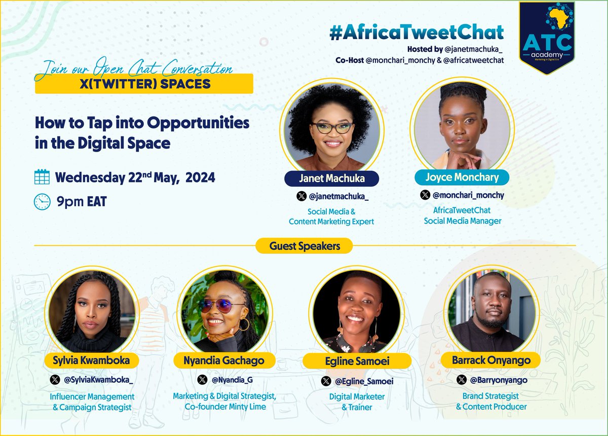The digital space is full of opportunities, and tonight on #AfricaTweetChat, we'll be discussing how to tap into opportunities in the digital space. Our guest speakers; @sylviakwamboka_ ,@Nyandia_G @Egline_Samoei and @barryonyango Set a reminder here x.com/i/spaces/1rdgl…