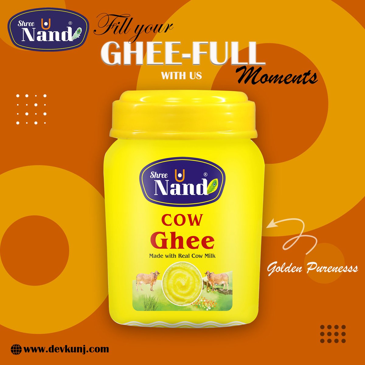 Experience the golden pureness of Shree Nand Cow Ghee! 🐄✨ Made from real cow milk, our ghee brings you the richness of tradition and the taste of purity. Perfect for your culinary and skincare needs. Fill your moments with goodness and health. 
#GheeFullMoments #ShreeNandGhee