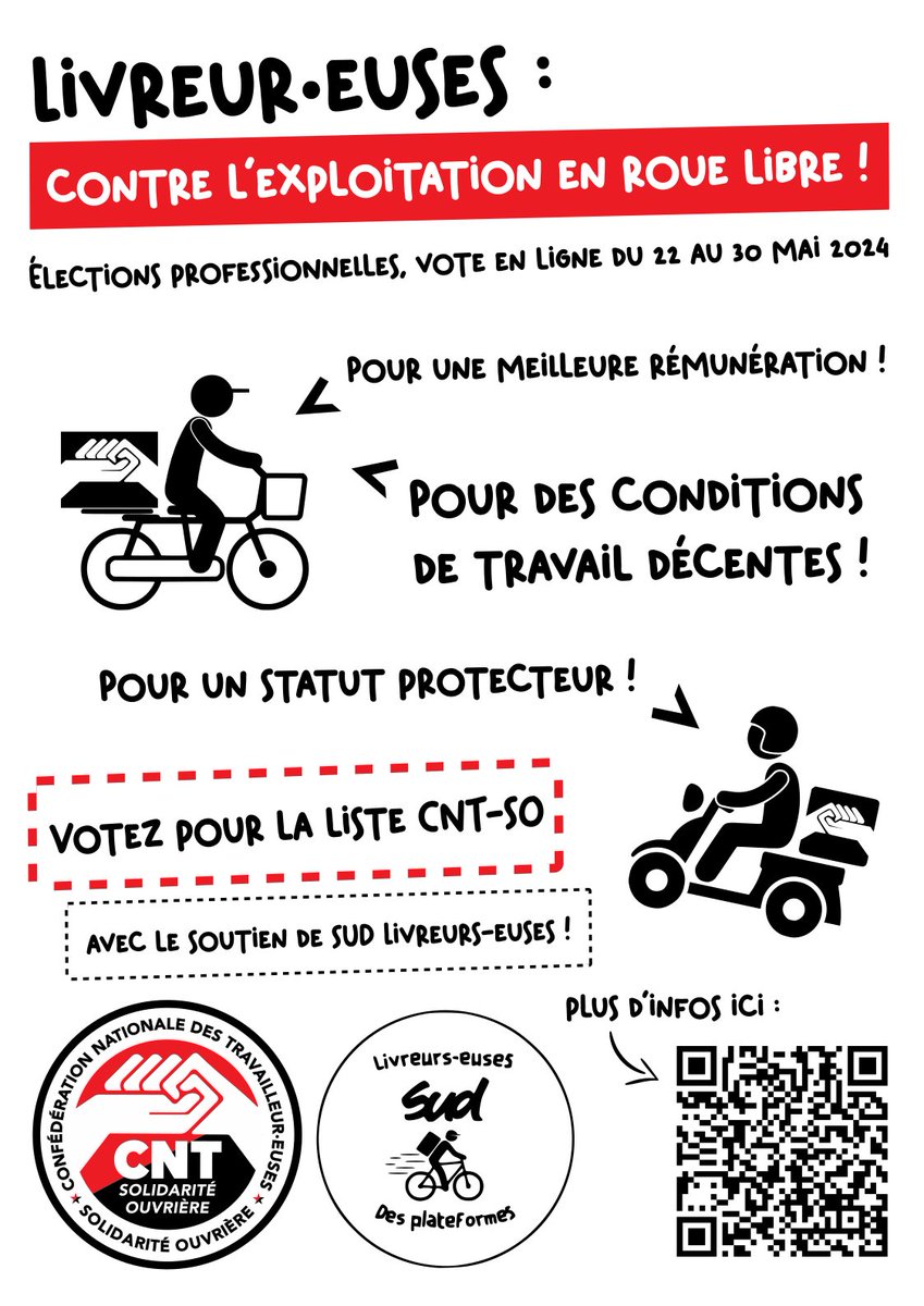 Ce jour s'ouvre, jusqu'au 30 mai prochain, le scrutin des livreurs organisé par @ARPE_Gouv : votons et faisons voter pour la liste @cntso_fr soutenue par @sudlivreurs !