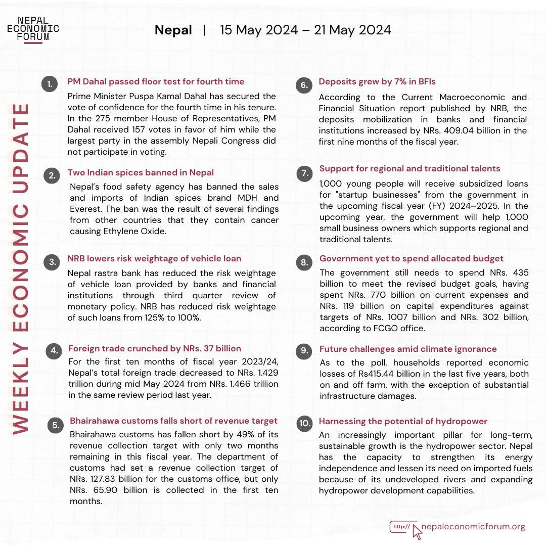 Stay informed with our Weekly Economic Update (May 15, 2024 - May 21, 2024)! Dive into the latest economic insights and explore the sources behind the news from nepal-economic-forum.medium.com/weekly-economi…

#nepaleconomicforum #economicupdates #WEU #NEF2024 #Nepal #economy