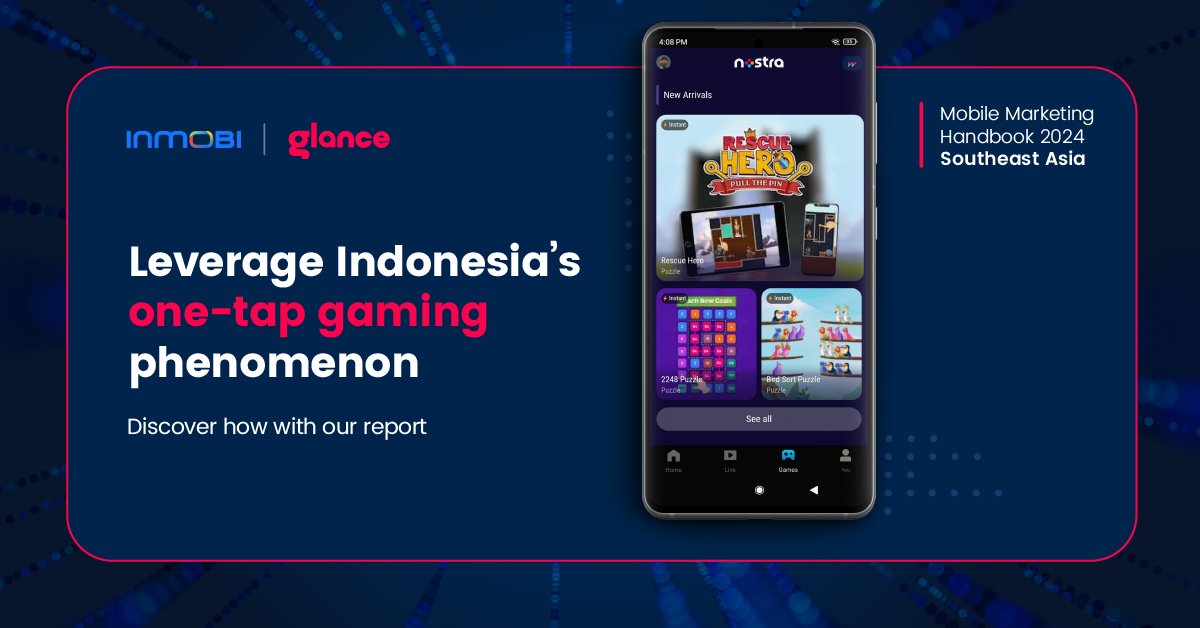 Single-tap gaming is soaring in #Indonesia with 7 million monthly active gamers on the Glance smart lock screen. Uncover how to engage and delight them in our Mobile Marketing Handbook 2024, Southeast Asia: inmo.bi/3vEUeMG
 
#MobileGaming #MobileMarketing #SmartLockScreen