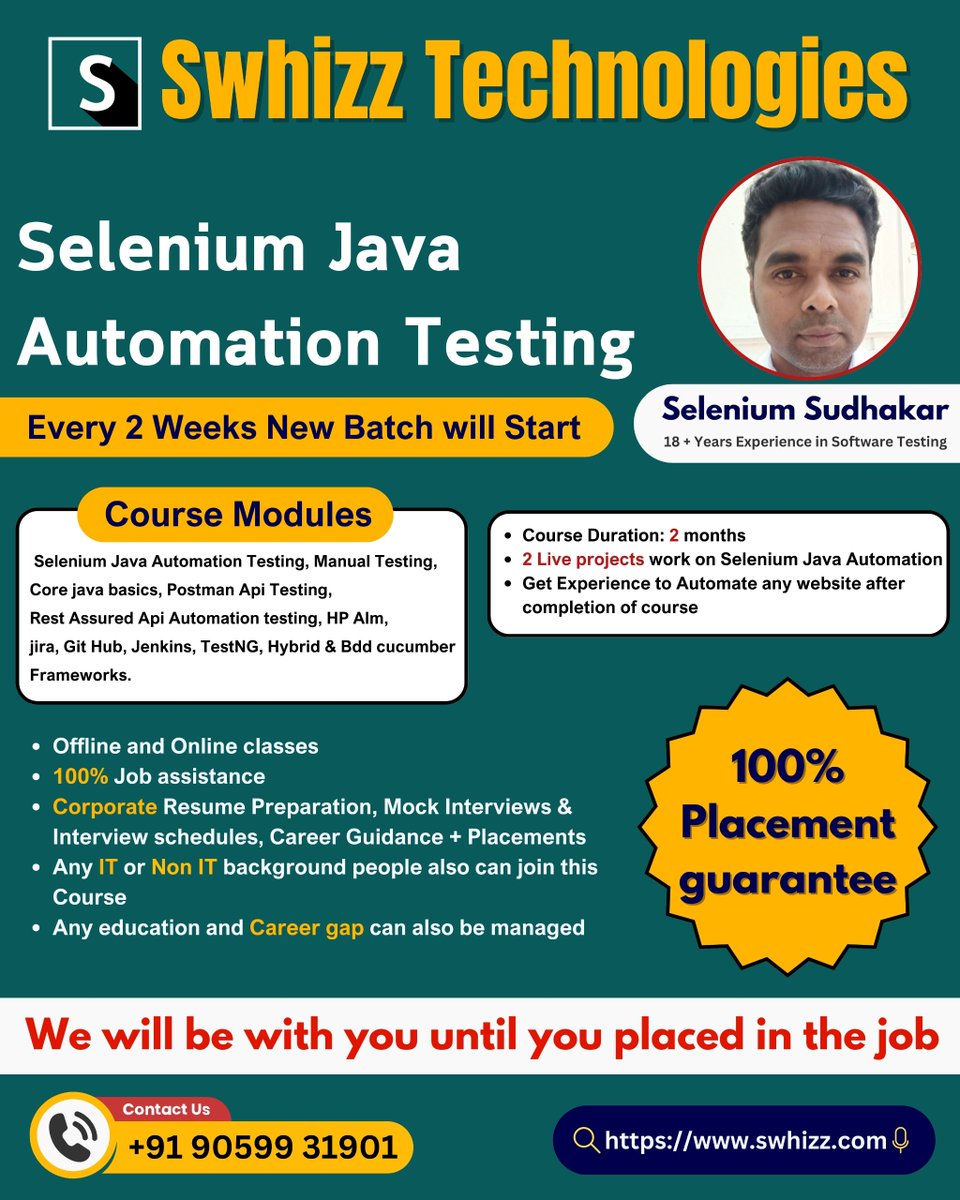Swhizzofficial's tweet image. 🚀Boost Your Automation Testing Skills with Selenium and Java!💻
For More Details
👉Enroll Now and Secure Your Spot!
swhizz.com/register-now
Call/WhatsApp: 90599 31901 | 040 40272299
#SeleniumWithJava #AutomationTesting #ITTraining #CareerGrowth #AutomatedTesting