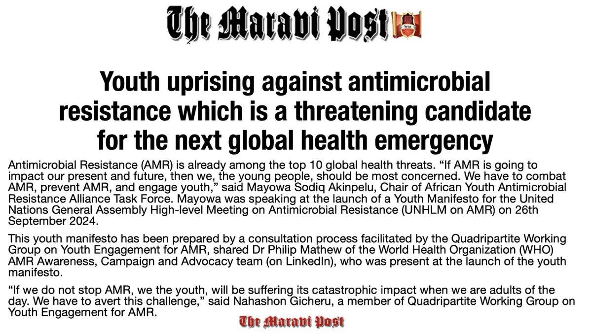#PublishedToday in #TheMaraviPost #Malawi

#AntimicrobialResistance #AMR is not a 'silent pandemic.' When AMR is preventable, then even 1 death is a death too many. AMR is linked w 4.95 million deaths/yr!

Maravi Post, Malawi
maravipost.com/youth-uprising…

CNS
citizen-news.org/2024/05/youth-…