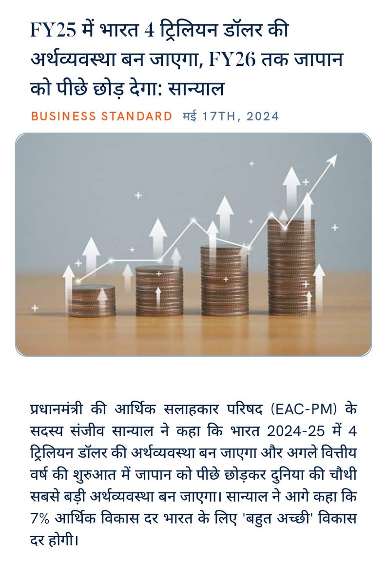 ankitkumar77e's tweet image. #ViksitBharatSankalp2047
#BharatInc #ModiEvolution
#BharatTecade 

#PhirEkBaarModiSarkar
#4June400Paar #BJP4India
FY25 में भारत 4 ट्रिलियन डॉलर की अर्थव्यवस्था बन जाएगा, FY26 तक जापान को पीछे छोड़ देगा: सान्याल
business-standard.com/economy/news/i… via NaMo App