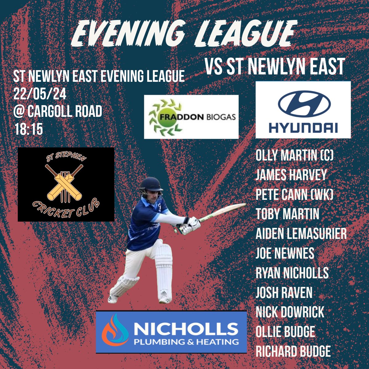 Team to face St Newlyn East in the evening league tonight at St Newlyn East 18:15 start 

@swsportsnews 
@stnecc