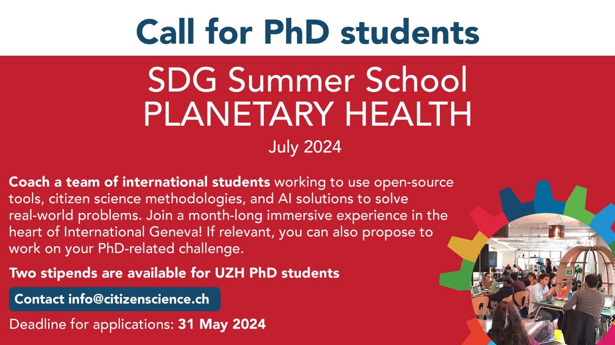 Are you a PhD student at @UZH_en? Join a month-long immersive experience in Geneva and coach a team of international students. Two stipends are available! Contact info@citizenscience.ch citizenscience.uzh.ch/en/trainings/s… #SDGSummerSchool2024