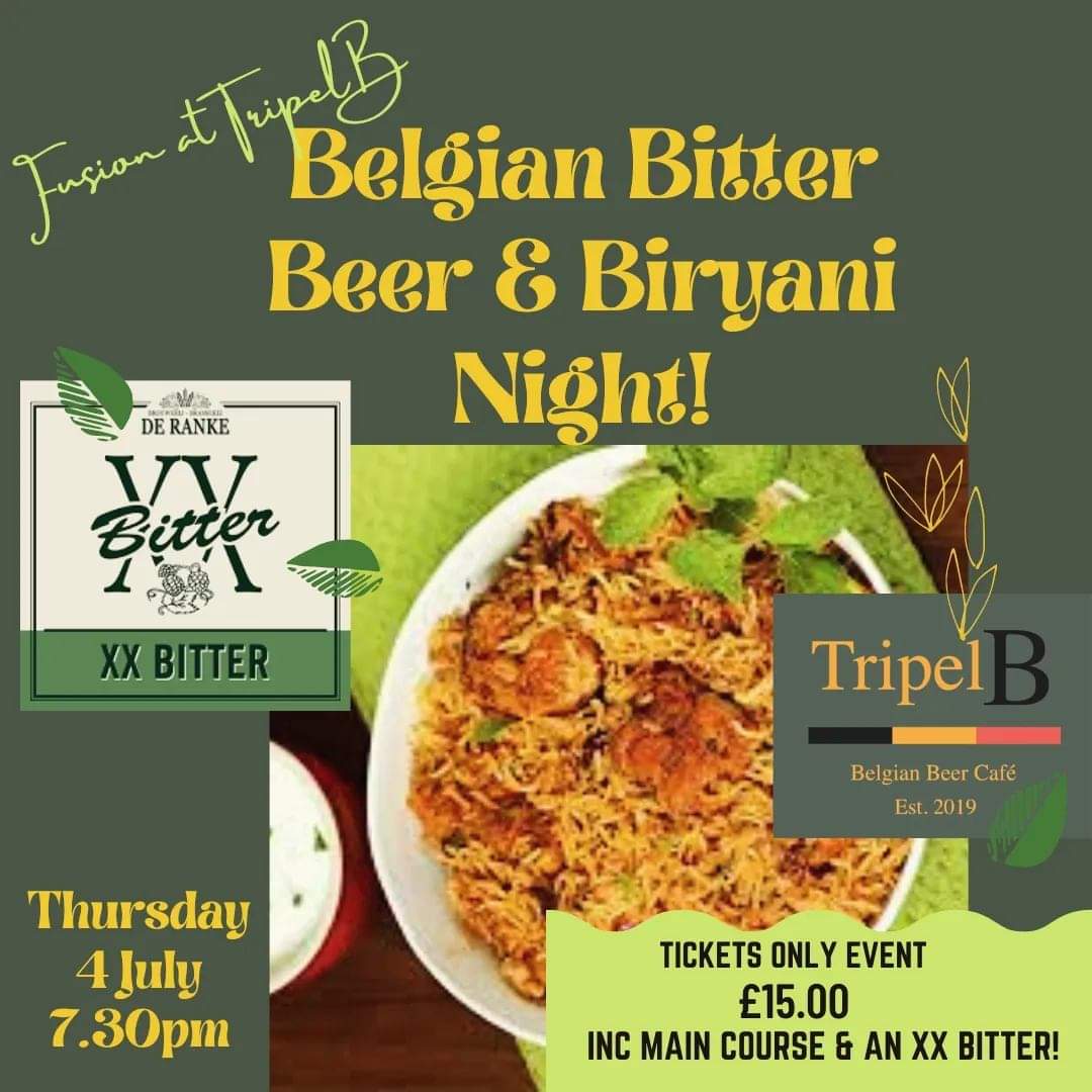 Fusion Night is coming to TripelB! We'll be serving freshly cooked Biryani paired with De Ranke's beautifully hopped XX Bitter on draught. £15 gets you a seat, a main course & an XX Bitter. More details to follow, but come & reserve your place while you can... #WorcestershireHour