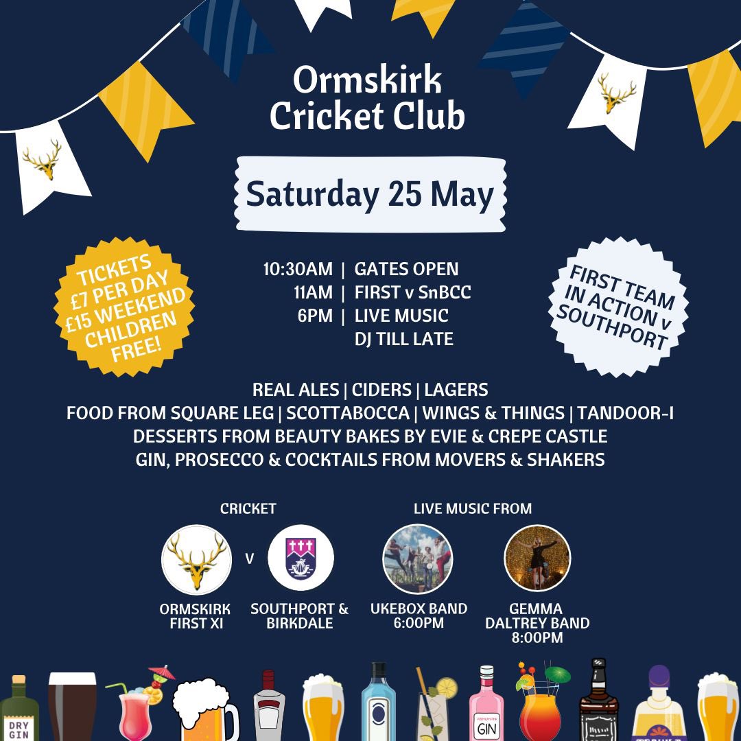 Ormskirk_CC's tweet photo. Full schedule of what’s on at our beer festival this weekend as the 1st XI take on our friends from @SNBCC in the League on Saturday &amp; @CliftonCC in the National Knockout on Sunday. 🍺 🍷 🍔 🏏 💃 https://t.co/JWHaekwoOE