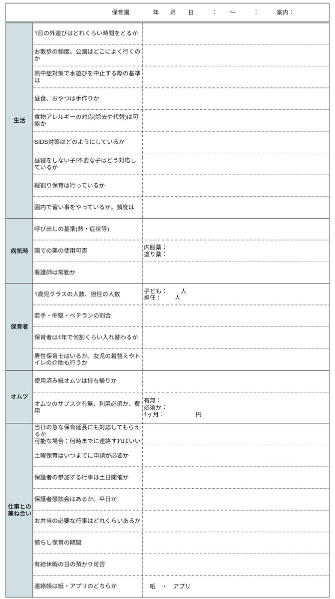 ohhpasy3's tweet photo. 保育園見学の質問リストを作ったので共有！1歳児入園を希望してる人向けの内容。 https://t.co/s5vLaFRjMn