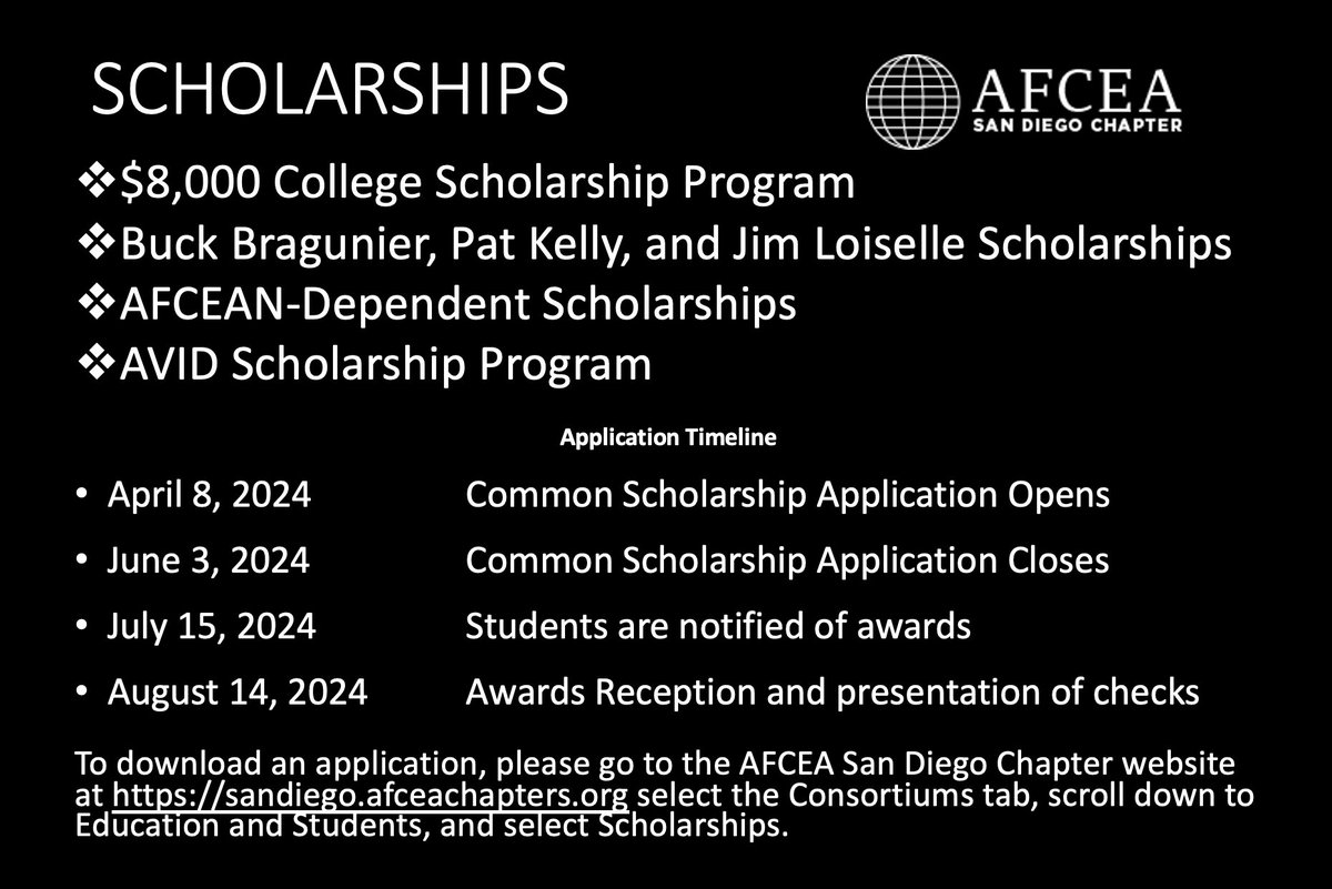 High School Seniors - Don't Miss this Opportunity!
AFCEA San Diego Chapter is proud to offer scholarships to SD County graduating seniors who will attend a four-year college or university in the US and major in a STEM field. For more information go to sandiego.afceachapters.org/scholarships/