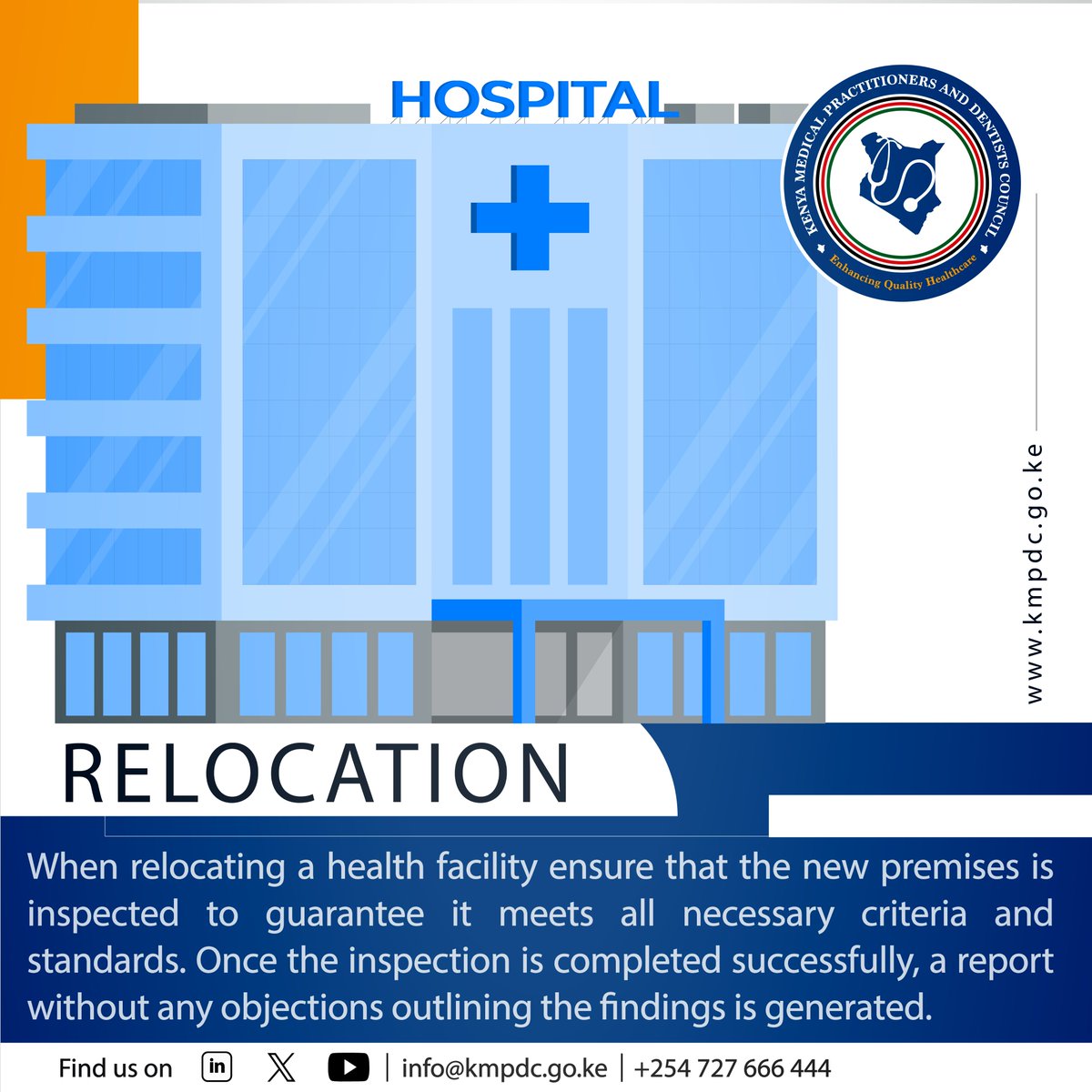When relocating a health facility ensure that the new premises is inspected to guarantee it meets all necessary criteria and standards. Once the inspection is completed successfully, a report without any objections outlining the findings is generated. In addition to the