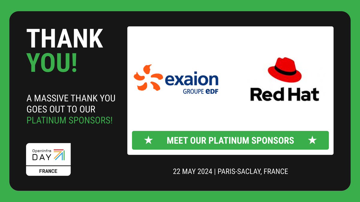 OpenStackFr's tweet image. #OpenInfra Day France ouvre ses portes dans 1 heure ! Merci à tous nos sponsors à commencer par nos sponsors Platinum @RedHat #Exaion (@EDFofficiel)