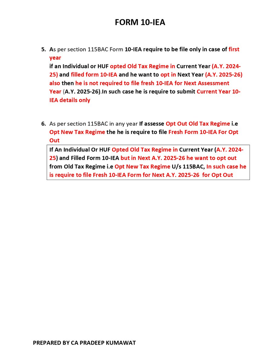 Form 10-IEA [require to file if opt Old Tax Regime] Most crucial topic for current A.Y. Before filing ITR please must read the article
<a href="/TaxationUpdates/">Taxation Updates (CA Mayur J Sondagar)</a> <a href="/AbhasHalakhandi/">Abhas Halakhandi</a> 
<a href="/akhilpachori/">CA Akhil Pachori</a> <a href="/TilotamaG/">Tilotama Vikram</a> <a href="/CAclubindia/">CAclubindia</a> 
<a href="/SaurinShahCA/">Saurin Shah</a> <a href="/PratibhaGoyal/">Pratibha Goyal</a>  <a href="/taxguru_in/">Tax Guru</a> 
<a href="/dineshwadera/">Dinesh Wadera</a>