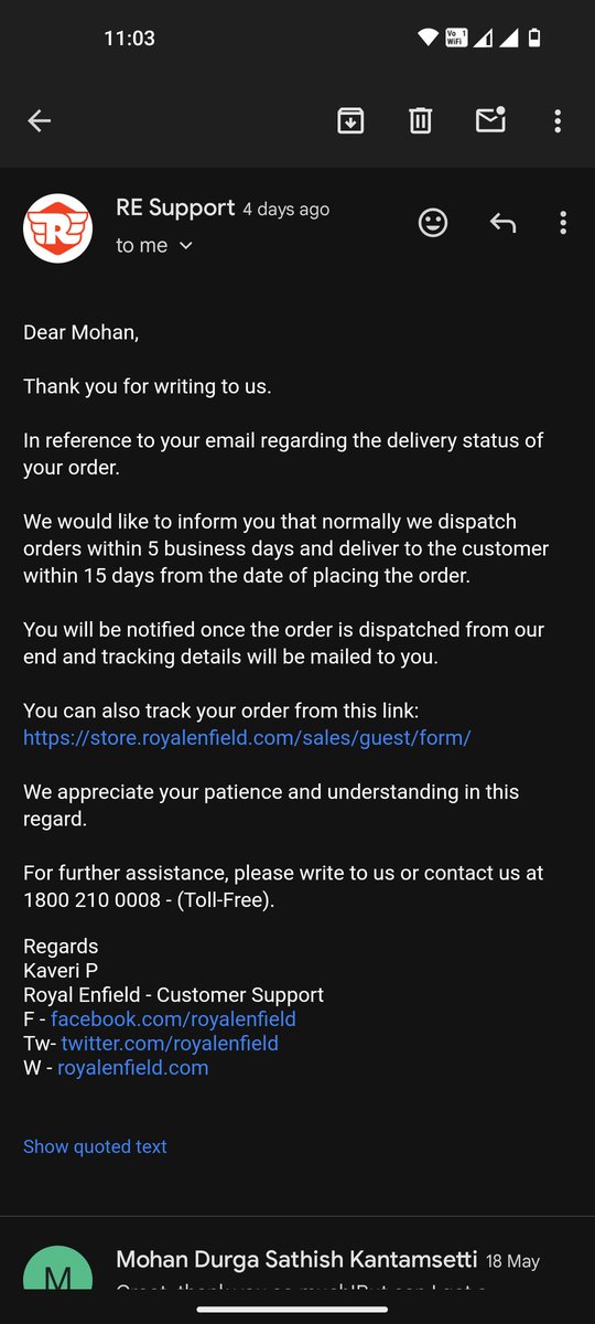 BobbySathish's tweet photo. @royalenfield 
Wonderful Job! Thanks xD!
I made an order and also emailed you people and it was confirmed that the product is available and it would be delivered, 4days later the product goes out of stock &amp; now it would be cancelled &amp; I have to place an order again, Wow, Thanks! https://t.co/Ns7ey4P1ha